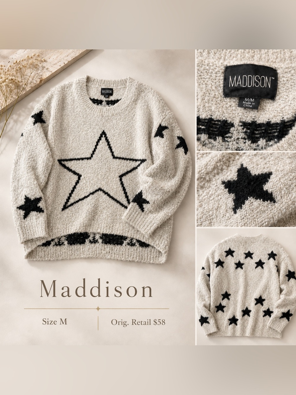 Madison Cream Sweater with Black Star Motif